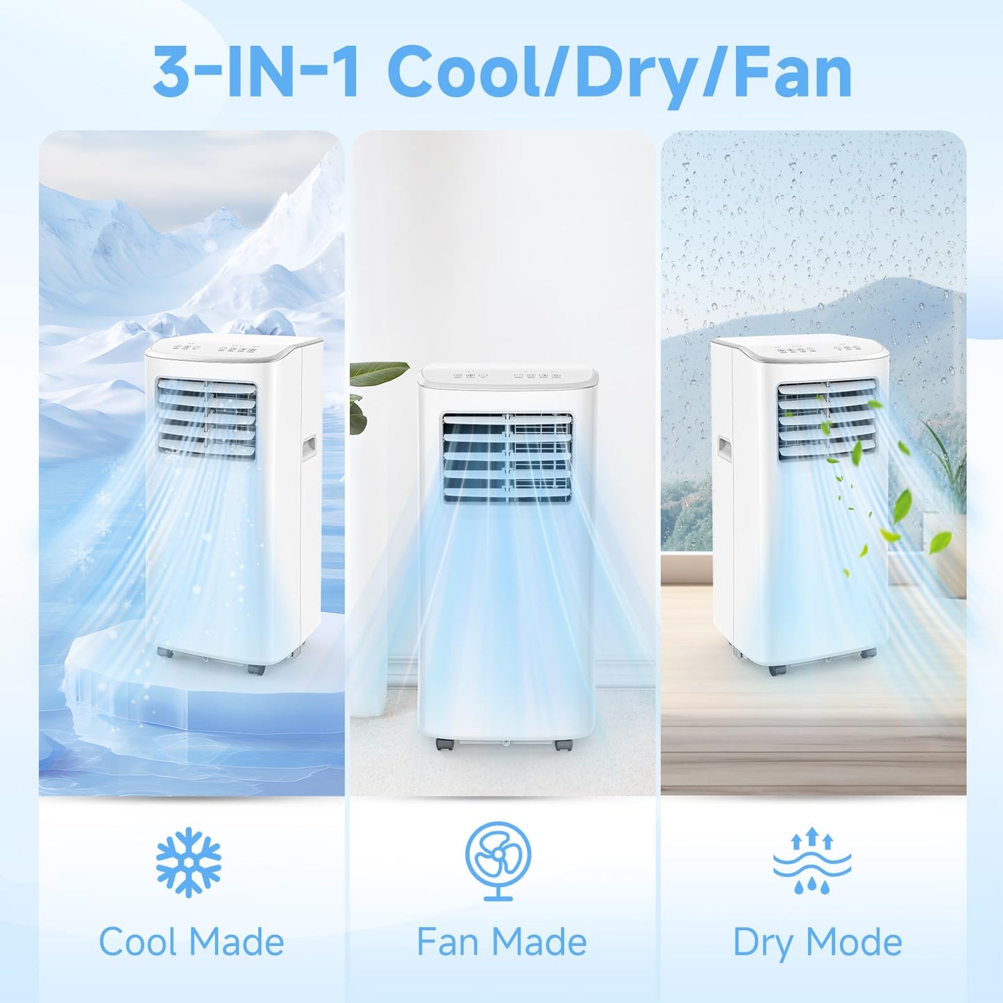 8500 BTU Portable Air Conditioners, 3-In-1 Cooling AC Unit with Fan & Dehumidifier, Air Conditioner Remote Control & Sleep Mode, Cools up to 450 sq.ft, Installation Kit for Rooms/Studios/Offices
