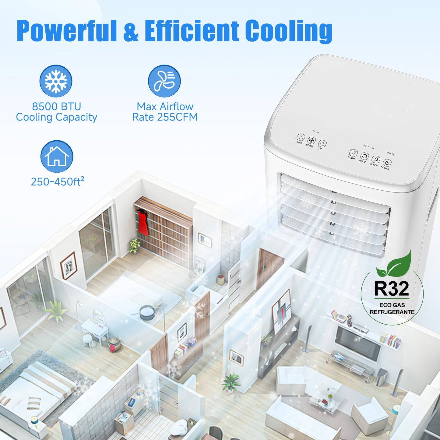 8500 BTU Portable Air Conditioners, 3-In-1 Cooling AC Unit with Fan & Dehumidifier, Air Conditioner Remote Control & Sleep Mode, Cools up to 450 sq.ft, Installation Kit for Rooms/Studios/Offices