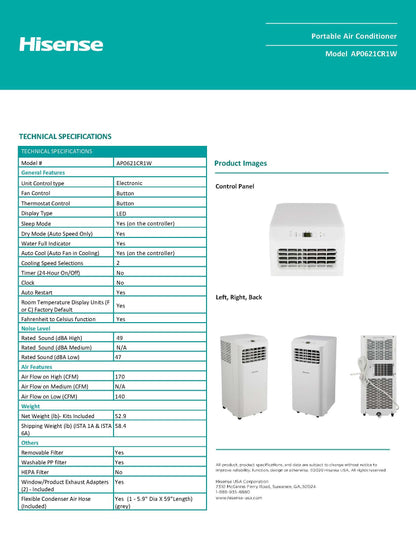 Hisense Portable Air Conditioner 6,000 BTU Cooling Dehumidifier Fan for Smaller Room up to 250 sq ft, Remote Control, White (Renewed)