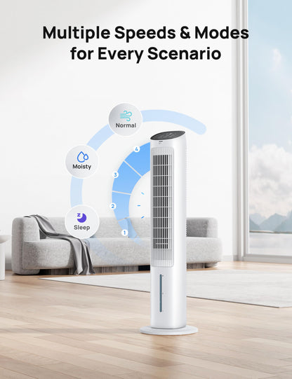 Dreo Evaporative Air Cooler, 40” Standing Fans that Blow Cold Air, 80° Oscillating Bladeless Cooling Fan for Bedroom, Swamp Cooler, Removable Water Tank, Ice Pack, Remote, 3 Mode 4-Speed, White