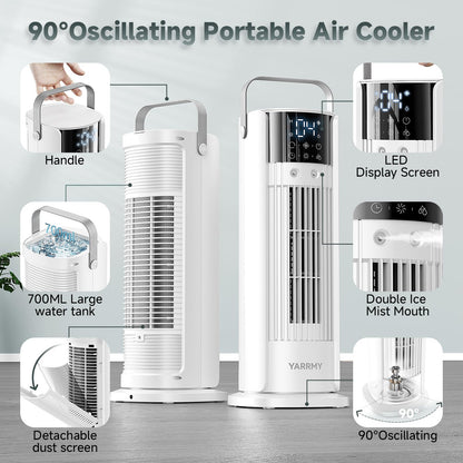 Portable Air Conditioner - 90° Oscillating Tower Fan with Remote, 16" Evaporative Air Cooler with 4 Wind Speeds/Digital Touch Screen/Cool Mist/2-10H Timer - Cooling fan Air Conditioner for Room Office